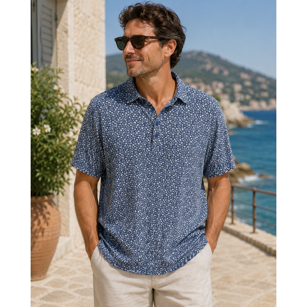 J.Crew Mens Floral Polo Shirt Blue White Coolmax Cotton Blend BQ058 Large